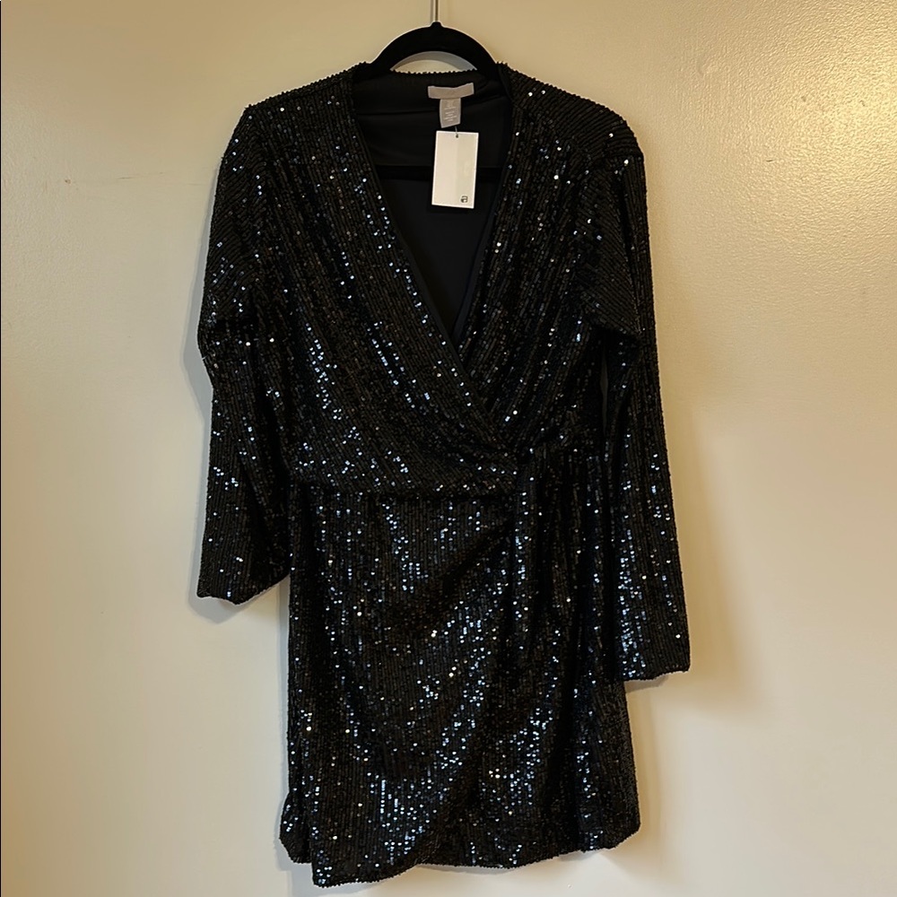 H&M Black Sequin Wrap Mini Dress